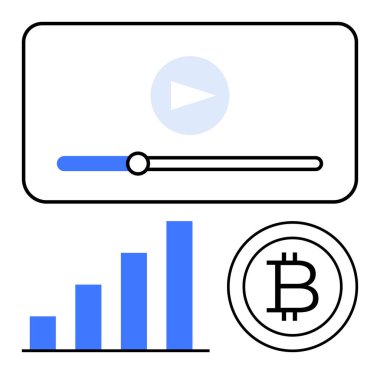Ortam penceresinde oynat düğmesi, işlem çubuğu, büyüme çubuğu grafiği ve Bitcoin simgesi. Fintech, kripto para birimi, çevrimiçi öğrenme, şifreleme eğitimi analitikleri dijital medyayı bloke etmek için ideal. Düz basit