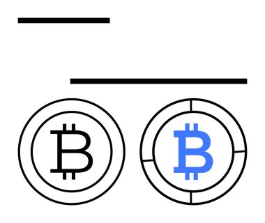 İki Bitcoin sikke, biri siyah diğeri mavi, soyut yatay çizgiler ve temiz geometrik şekillerle çevrili. Para birimi, engelleme zinciri, teknoloji, fintech, yatırım, yenilik için ideal basit