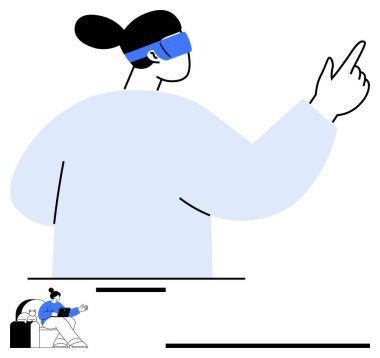 Sanal ortamda VR kulaklık kullanan, kolu açık bir kadın. Teknoloji için ideal, VR deneyimi, oyun, yenilik, gelecek tasarımı, teknolojik evlat edinme fütüristik hayatı. Düz basit metafor