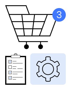 Rozetli alışveriş arabası, işaretli görevleri olan kontrol listesi, yapılandırma için teçhizat. E-ticaret, görev yönetimi, otomasyon, lojistik, planlama, teknoloji sade iniş sayfası için ideal