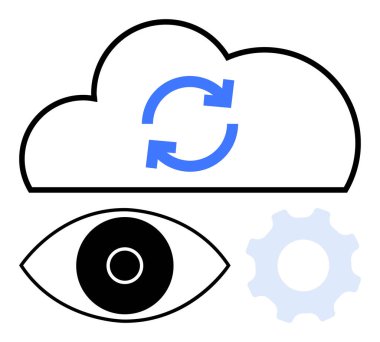 Senkronize oklar, kalın göz ve dişli görüntü ile bulut veri senkronizasyonu, erişilebilirlik ve yönetimi sembolize eder. Bulut hesaplama, teknoloji, ayarlar, depolama erişimi için ideal