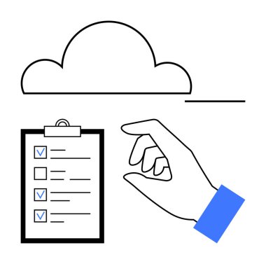 Yapılacaklar listesindeki öğeleri soyut bulutların altında elle seçmek, planlamayı, veri yönetimini ve bulut depolamayı sembolize ediyor. Görev takibi, organizasyon, üretkenlik, uzak çalışma, bulut