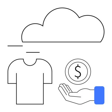 Üstü açık bulut, eli bozuk parayla çevrimiçi işi temsil ediyor. E-ticaret, dijital ödemeler, bulut depolama, sürdürülebilirlik, çevrimiçi perakende satış, finansal işlemler, basit iniş sayfası için ideal