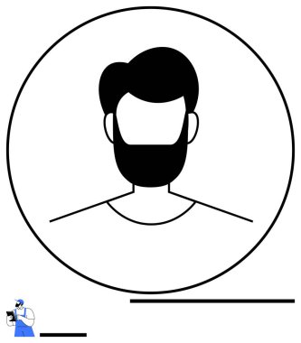 Dairesel çerçevede sakallı bir adamın cesur siyah çizgisi, fotoğraf çeken küçük bir figürle tamamlanmış. Markalaşma, iletişim, sosyal medya, kişisel kimlik, fotoğrafçılık, tasarım için ideal