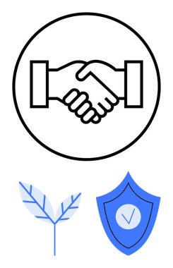 El sıkışma anlaşmayı simgeler, keneli kalkan güveni ve güvenliği simgeler, ve yaprak da sürdürülebilirliği simgeler. İşbirliği için ideal, etik, eko-bilinç, ortaklıklar, güven inşa etme