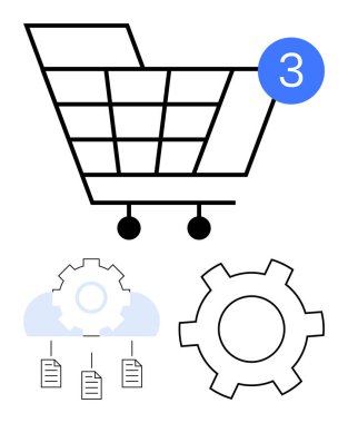 Bildirim balonlu alışveriş arabası, dosyalara bağlı bir bulut, e-ticaret, bulut depolama, veri işleme, sistem ayarları, dijital yönetim, çevrimiçi hizmetler, otomasyonu temsil eden teçhizat