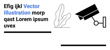 Sağa bakan siyah güvenlik kamerası, soyut bitki şekli ve yer tutucu yazı şekli. Güvenlik, mahremiyet, teknoloji, izleme, veri koruması, gözetim güvenliği için ideal