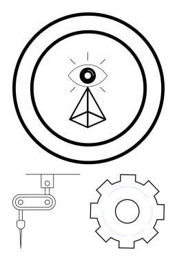 Merkezi göz, eş merkezli daireler, teçhizat ve robotik kol vurgulama görüşü, mekanik ve otomasyon ile piramit. Teknoloji, yenilik, mühendislik ve yapay zeka otomasyonu için ideal.