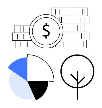 Yığılmış paralar zenginliği simgeler, pasta grafiği veriyi görselleştirir, ağaç ana hatları çevreye odaklanmayı simgeler. Finans, büyüme, analiz, ekonomi, sürdürülebilirlik ve iş stratejisi için ideal