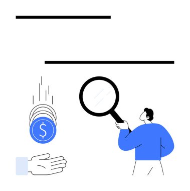 Elinde büyüteç tutan, madeni paraları elinde tutan, mali denetimi, zenginlik yönetimini ve yatırım stratejilerini sembolize eden kişi. Finans, bütçe planlaması, ekonomi ve tasarruf için ideal