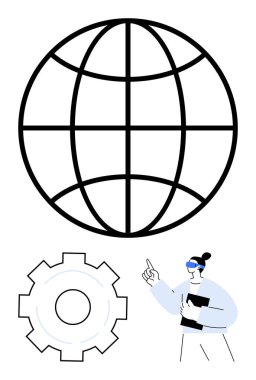 Dünya çizgisi, teçhizat, akıllı gözlük takan, yenilikleri, küresel teknolojiyi ve süreçleri vurgulayan kişi. Teknoloji, liderlik, endüstri, küresel iş inovasyon bağlantıları için ideal