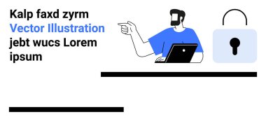 Dizüstü bilgisayarı olan sakallı bir adam kilit simgesi olarak siber güvenlik temalarını yansıtır. Teknoloji iletişimi, veri gizliliği, kimlik erişimi, antivirüs, bulut, kişisel yönetim, düz iniş için ideal