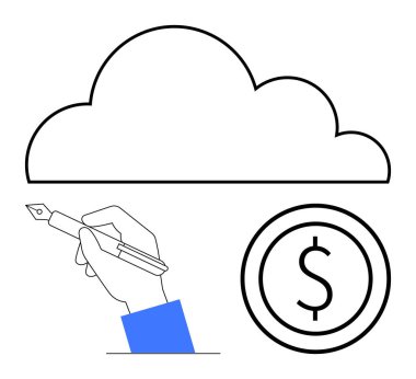 Kalemle yazılmış el yazısı, ana hatlı bulut, dolar sembolü. Yaratıcılık, finans, teknoloji, yenilik için ideal bulut depolama sayfası basit iniş sayfası. Çizgi benzetmesi. Basit satır simgeleri