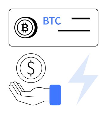 Bitcoin cüzdan arayüzü, para tutan el ve kriptoyu sembolize eden yıldırımlar, yatırım, dijital ödeme, finans teknolojisi, küresel ticaret, çevrimiçi ticaret, basit iniş sayfası