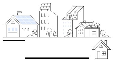 Evler, gökdelenler ve güneş panelleriyle donatılmış ve ağaçlar ve yeşilliklerle çevrili çevre dostu binalar. Sürdürülebilirlik için ideal, yenilenebilir enerji, mimari, kentsel planlama, yeşil