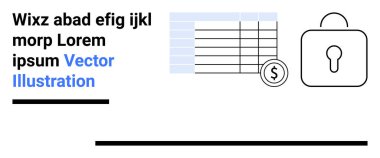 Tablo verileri, dolar paraları ve asma kilit simgesi şifrelemeyi, finansal korumayı ve veri güvenliğini simgeler. Finans, teknoloji, iş, bankacılık siber güvenlik gizliliği için ideal basit bir iniş sayfası