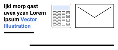 Sayısal tuşları olan hesap makinesi, bir zarf taslağı, yer tutucu metin elemanları ve yatay çizgiler. Finans, iletişim, üretkenlik, e-posta, muhasebe pazarlama ve basit