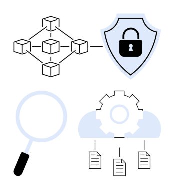 Güvenlik kalkanına bağlı blok zinciri ağı, büyüteç analizi, bulut ve dokümanlara bağlı teçhizat. Siber güvenlik, engelleme zinciri, veri koruması, bulut depolama, analiz için ideal