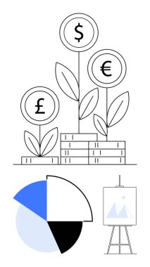 Dolarlı, euro, sterlin tabelaları istiflenmiş bozuk paralar, pasta grafiği ve tripod tabelaları mali büyüme, yatırım ve veri analizini gösteriyor. Finans ve tasarruf ekonomisi için ideal
