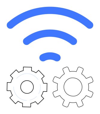 İki vitesin üstündeki mavi kablosuz sinyal, bağlantıyı, teknolojiyi ve operasyonu simgeliyor. İnovasyon, otomasyon, dijitalleştirme, iletişim, endüstri, ağ sade iniş sayfası için ideal