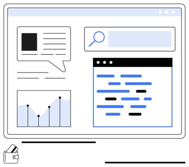 Tarayıcı arayüzü görüntüleme metin kutusu, arama çubuğu, veri grafiği ve kodlama paneli. Takım çalışması, programlama, analitik, araştırma, UI tasarım içerik oluşturma için ideal düz metafor