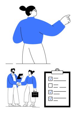 İş kadını ileri işaret ediyor, iki profesyonel el sıkışıyor ve tamamlanmış bir kontrol listesi var. İşbirliği, planlama, liderlik, takım çalışması, organizasyon, hedefler ve basit bir iniş sayfası için ideal