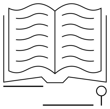 Bir büyüteçle tamamlanmış, dalgalı satırları sembolize eden açık bir kitap. Eğitim, öğrenim, araştırma, bilgi, okur yazarlık, öğrenim ve basit iniş sayfası için ideal