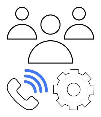 Ses dalgaları ve takım çalışması, iletişim ve teknik desteği temsil eden ekipmanlı bir telefonun yanında üç kullanıcı simgesi. İşbirliği, müşteri hizmetleri, bağlantı, iş akışı için ideal
