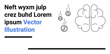 Düşen para paralarıyla eşleştirilmiş beyin çizgisi. Finans, yenilik, zenginlik planlaması, yatırımlar, eğitim, ekonomi ve basit iniş sayfası için ideal