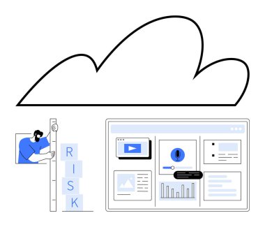 Soyut bulut ögesi, etkileşimli çizelgeleri, uyarıları ve araçları olan dijital bir panel. Risk bloklarını istifleyen kişi. Strateji, tahmin, risk yönetimi, bulut hesaplama analizleri için ideal