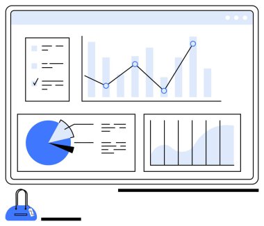Dosyalar içeren dijital gösterge paneli, bar grafiği, çizgi grafiği ve veri tablosu. Veri analizi, iş raporlama, proje izleme, sunumlar ve basit iniş sayfası için ideal
