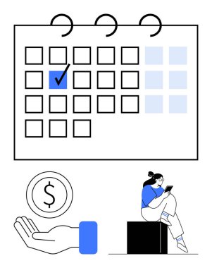 İşaretli tarihli takvim, para dağıtma ve tablette kitap okuyan kadın. Program, finansal planlama, dijital içerik, eğitim, üretkenlik, yatırım sade iniş sayfası için ideal