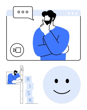 Video çağrı arayüzü ile çevrimiçi bir toplantıda fikirleri değerlendiren kişi, RISK etiketli blokları değerlendiren ve gülümseyen bir yüz. İletişim, takım çalışması, risk yönetimi, strateji, analiz için ideal