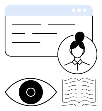 Web tarayıcı penceresi, çemberdeki kadın profili, açık kitap ve göz sembolü. Kavramların ideali kullanıcı arayüzü, öğrenme, görme, bilgi paylaşımı, kimlik odağı ve basit iniş sayfasını parmakla