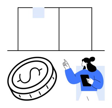 İş kadını bir dolar para ve grafikle finansal fikirleri sunuyor. Finans, yatırım, strateji, sunum, planlama, eğitim, analitik, basit iniş sayfası için ideal