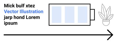 Üç hücreli pil ikonu, hareketi gösteren ok, eko-konsept için saksı bitkisi. Enerji, sürdürülebilirlik, teknoloji, minimalizm, üretkenlik, yenilenebilir enerji düzleşmesi sayfası için ideal