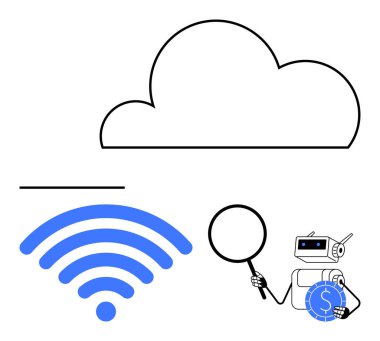 Bulut, kablosuz sinyal ve madeni para, dijital bağlantı, yapay zeka analizi ve finansal yenilik tutarken robot verileri büyüteçle inceliyor. Bulut hesaplama, yapay zeka ve teknoloji için ideal.