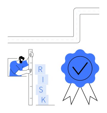 RISK etiketli ve yanında da sertifikalı bir çubuk bulunan kişi. Risk yönetimi, kalite kontrolü, problem çözme, uyum, strateji, takım çalışması, basit iniş