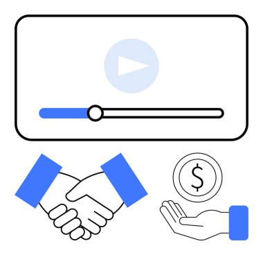 Ortaklığı sembolize eden tokalaşma video ekranında oynatma düğmesi ve para değişimi anlamına gelen el sıkışma. İş için ideal, işbirliği, pazarlama, finans, e-öğrenme, medya basit