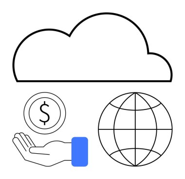 Küresel ve el ele tutuşan para, dijital ekonomiyi temsil eden bulut, küresel erişim, veri paylaşımı, finansal büyüme. Teknoloji, finans, bağlantı, küresel erişim veri ekonomisi için ideal