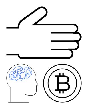 Onaylamayı gösteren asgari el, kafası karışık insan kafası, finansal ve zihinsel berraklığı öneren Bitcoin. Karar verme, finans, psikoloji, engelleme zinciri, onay ve zihin için ideal