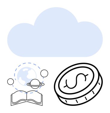 Para, kitap ve gezegenlerle dolu bulut, bilgiyi, finansı ve fikirleri sembolize ediyor. Teknoloji, ekonomi, eğitim yeniliği dijital hizmetler yaratıcılığı basit iniş sayfası için ideal