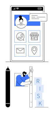 Kullanıcı profilini, bağlantılarını ve yön bulma simgelerini gösteren akıllı telefon ekranı. Kişi istifleme ve ölçüm blokları etiketli risk. Uygulama tasarımı, risk yönetimi, iş, iletişim, teknoloji için ideal
