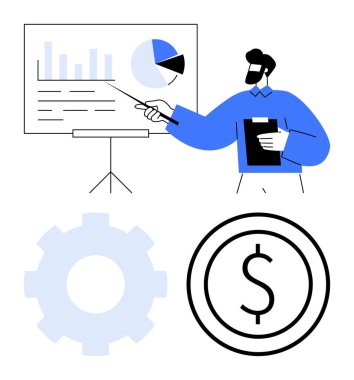 Dosyaları ve grafikleri sunan, panoyu tutan bir iş adamı. Finansal sembol, vites gösterme stratejisi ve verimliliği. İş, finans, analitik, pazarlama ve eğitim için idealdir.