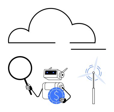 Robot, rüzgar türbininin yanında bir bulutun altında büyüteç ve para birimi tutuyor. Yapay zeka, yeşil enerji, sürdürülebilirlik, veri depolama, yenilik, teknoloji, otomasyon için ideal. Düz basit metafor