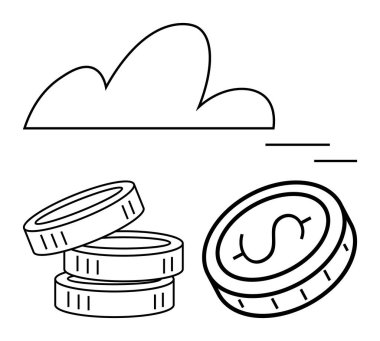 Yüzen para ve bulut ile eşleştirilmiş bozuk para yığını. Tasarruf, yatırım, dijital bankacılık, kripto para birimi, bulut ekonomisi, finansal planlama, basit iniş sayfası için ideal