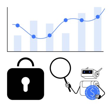 Veri eğilimlerini gösteren çizelge, korunma için güvenlik kilidi ve robot inceleme para birimi. Teknoloji, finans, güvenlik, yapay zeka, analitik yenilik ve dijital büyüme için ideal. Düz basit metafor