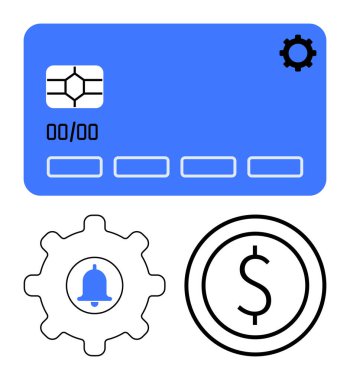 Üzerinde çip ve vites simgesi olan kart, dişlinin içinde çan sembolü ve dolar işareti olan daire. Finans, ödeme işlemleri, bankacılık, tebligatlar, e-ticaret, basit iniş sayfaları için ideal
