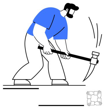 Mavi gömlekli bir adam kazmayı temel kazmak ya da kırmak için kullanır, emeği, sıkı çalışmayı, takım çalışmasını, fiziksel çabayı, verimliliği, endüstriyel çalışmayı, ekonomik büyümeyi sembolize eder. İş gücü için ideal