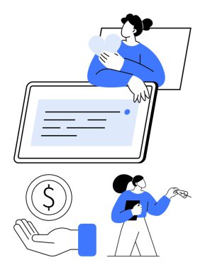 Dijital cihazlarla takım çalışması yapan insanlar, kalp şekilleri, finansal destek sembolleri, tartışmalar. İşbirliği, finans, sağlık, iletişim, takım çalışması için ideal dijital çözüm